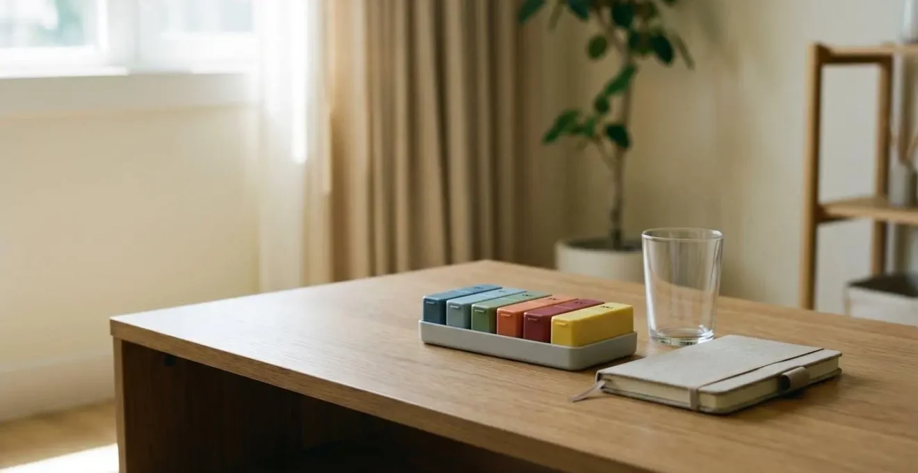 Organized home medication management station with pill organizer and clean workspace