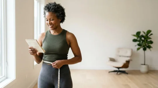 Person measuring body composition metrics for basal metabolic rate assessment without laboratory equipment