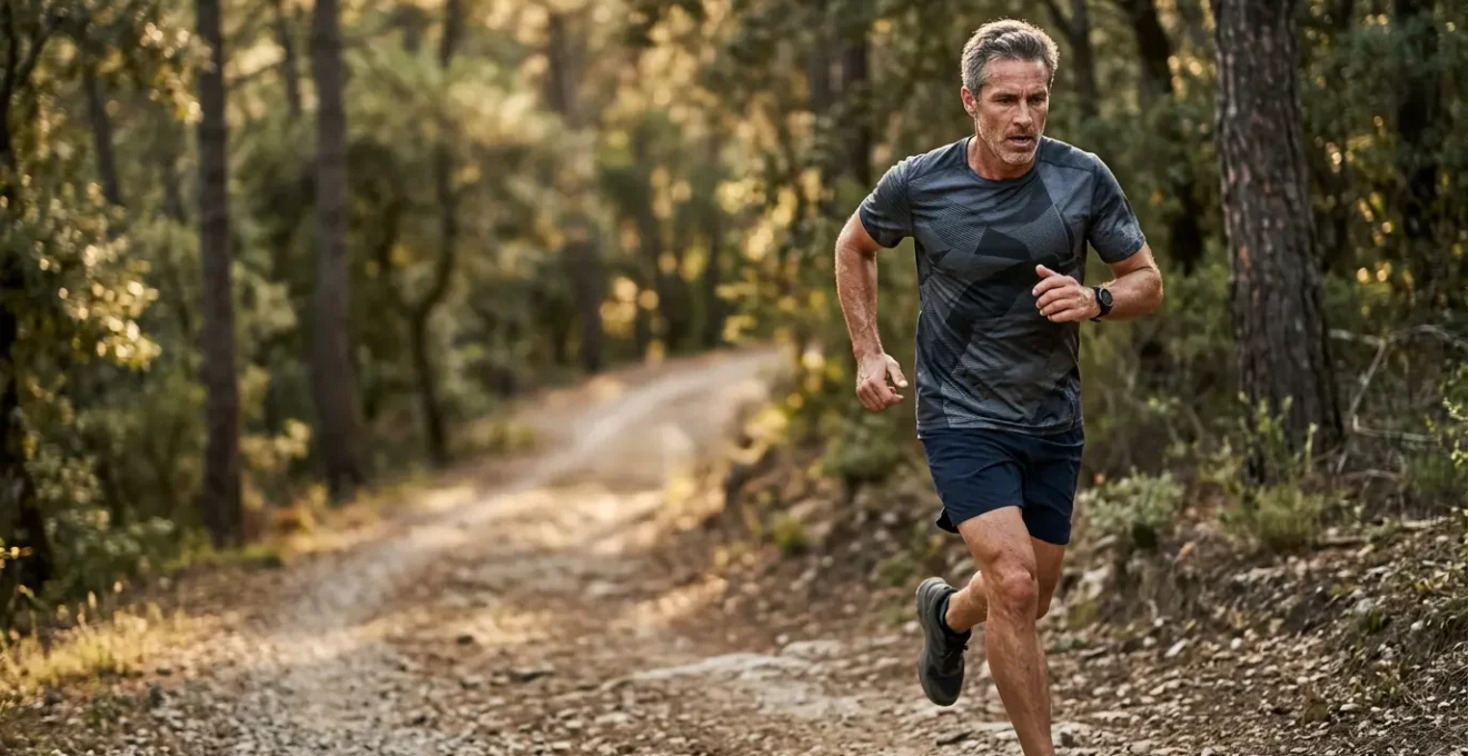 Active individual over 40 engaged in high-intensity cardiovascular training outdoors