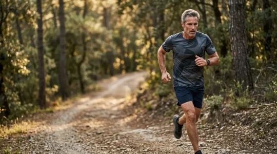 Active individual over 40 engaged in high-intensity cardiovascular training outdoors