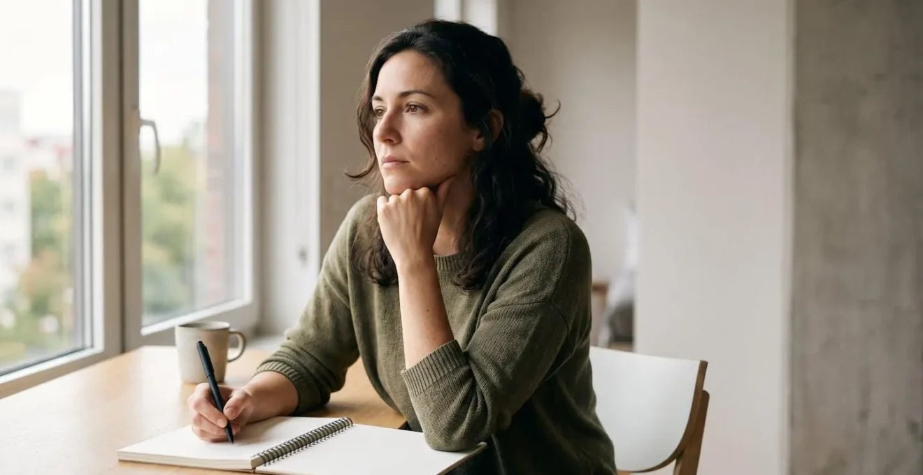 Human-centered image showing a person engaged in reflective journaling or self-monitoring in a calm, therapeutic environment