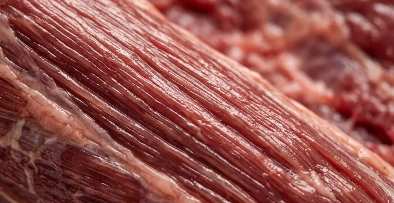 Macro view of muscle tissue showing fiber structure and cellular detail