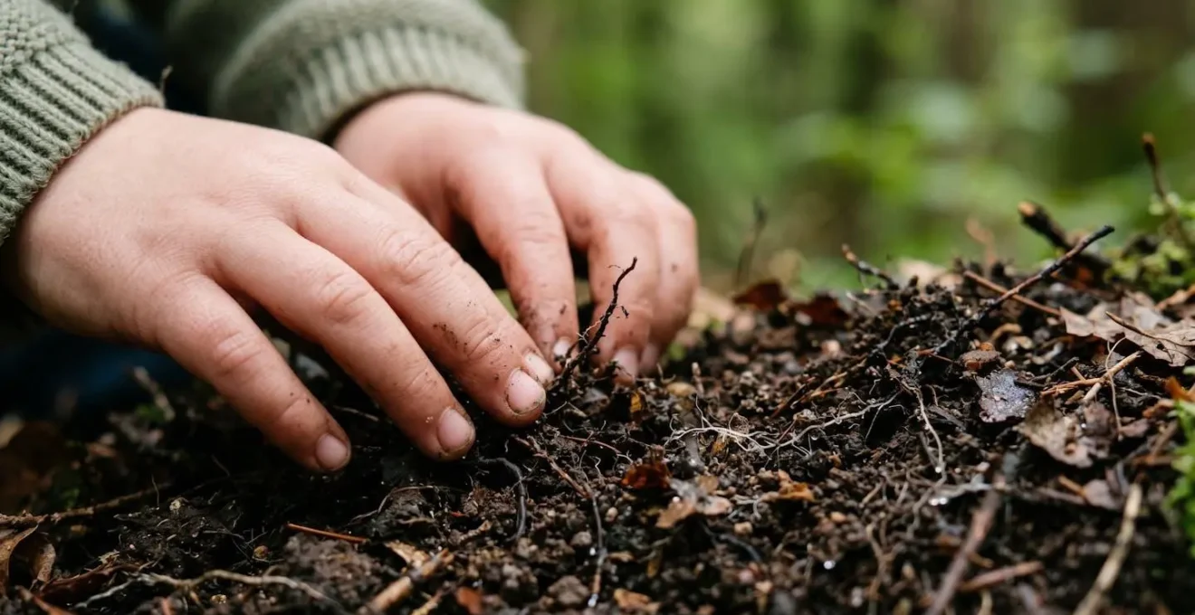 Child's hands exploring natural soil and vegetation for immune development