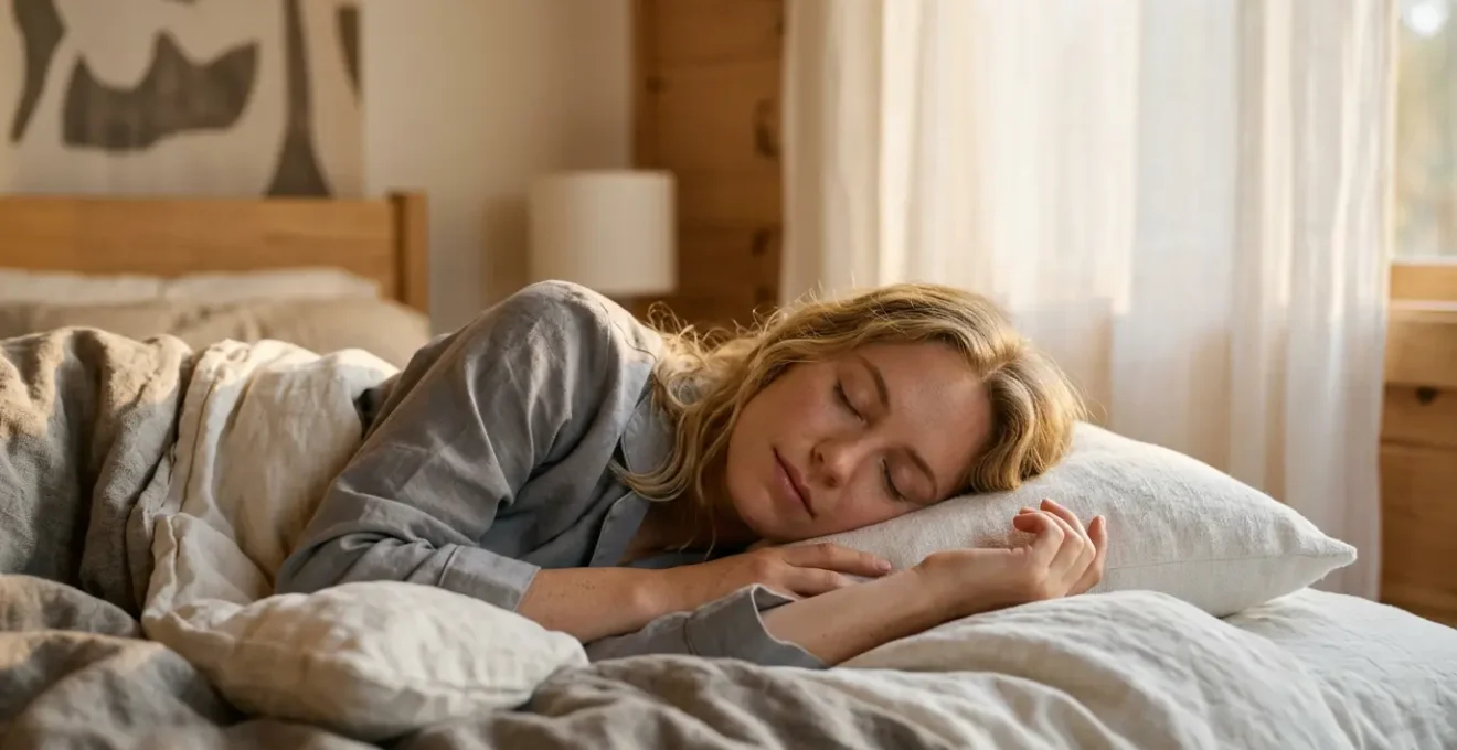 Person experiencing nighttime rumination in peaceful bedroom environment