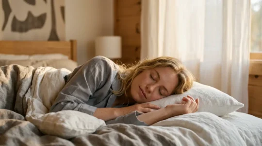 Person experiencing nighttime rumination in peaceful bedroom environment