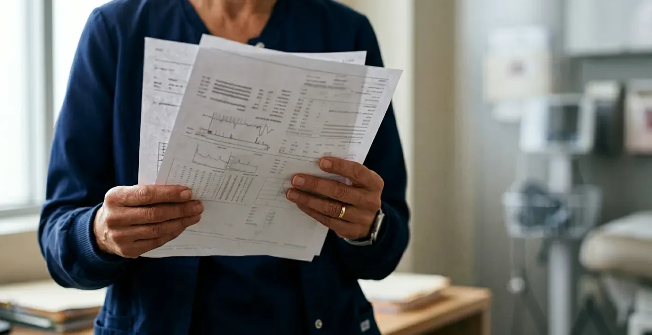 Medical professional examining laboratory test results with subtle concern about borderline values