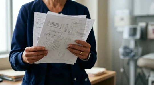 Medical professional examining laboratory test results with subtle concern about borderline values