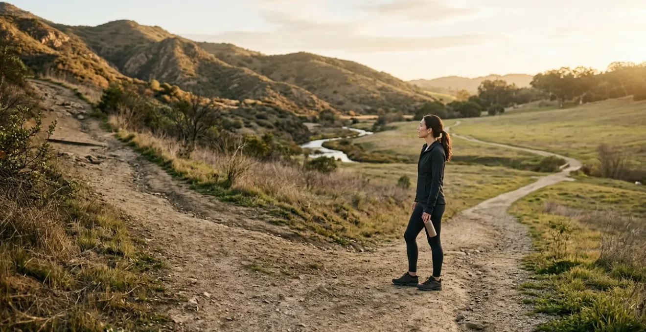 Person standing at wellness crossroads with multiple healthy pathways ahead