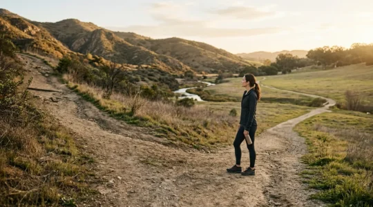 Person standing at wellness crossroads with multiple healthy pathways ahead