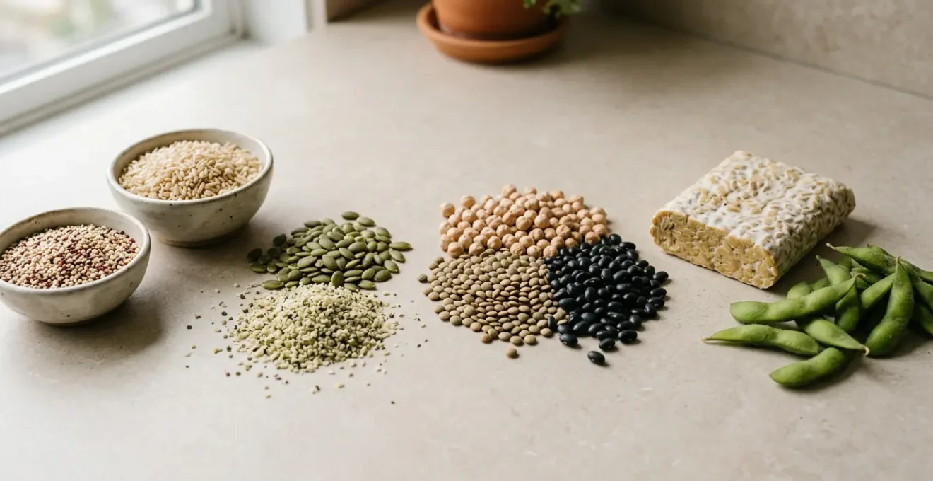 A variety of plant-based protein sources arranged to demonstrate amino acid complementarity for a complete vegan diet