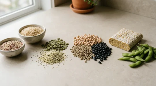 A variety of plant-based protein sources arranged to demonstrate amino acid complementarity for a complete vegan diet