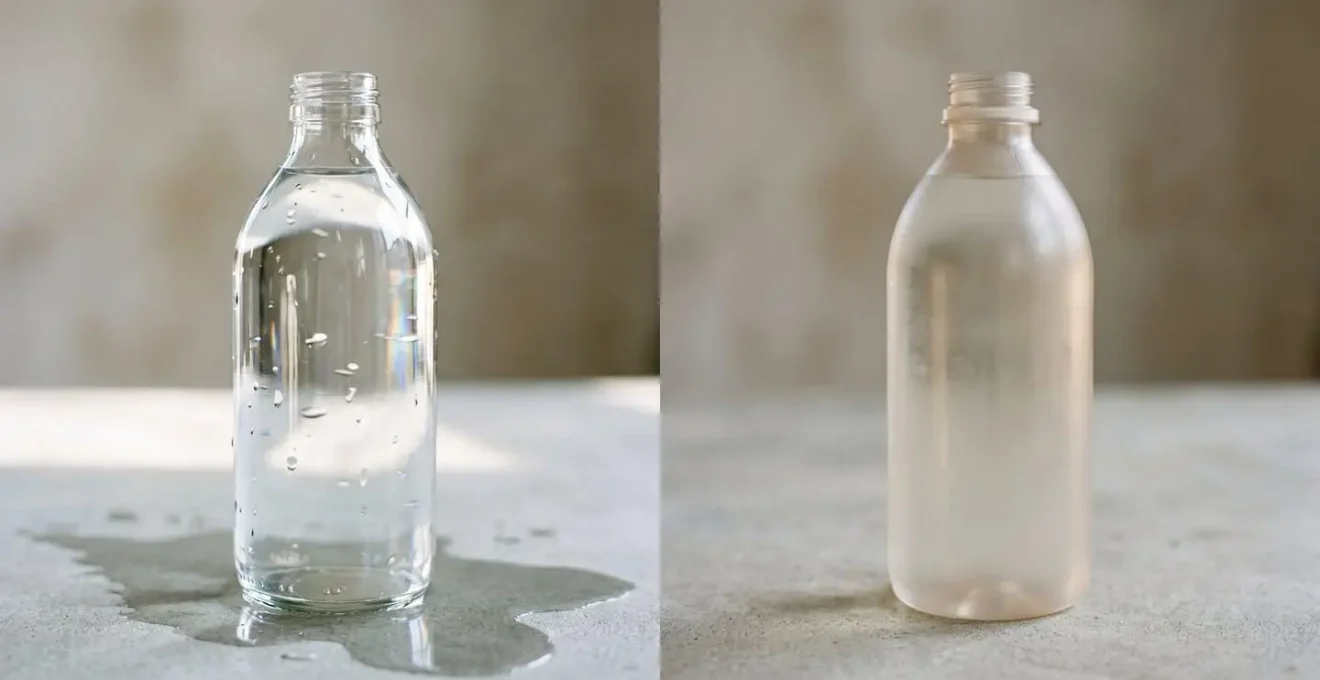 Side-by-side composition contrasting transparent glass and plastic materials with emphasis on surface textures and light refraction