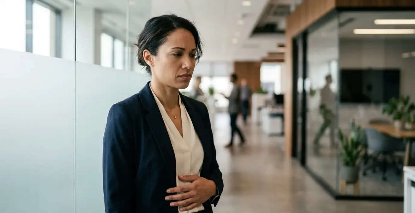 A person experiencing physical anxiety symptoms before a major presentation