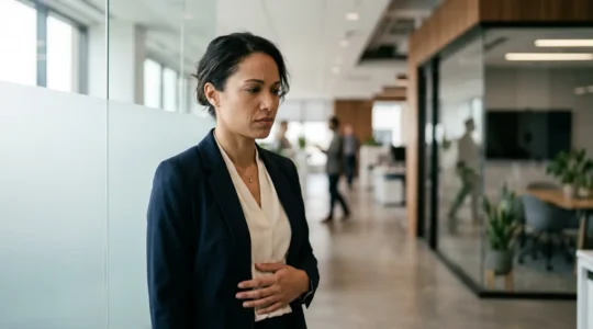 A person experiencing physical anxiety symptoms before a major presentation