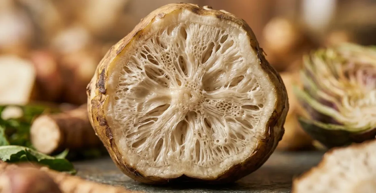 Close-up macro photograph of Jerusalem artichoke root cross-section showing natural fiber texture