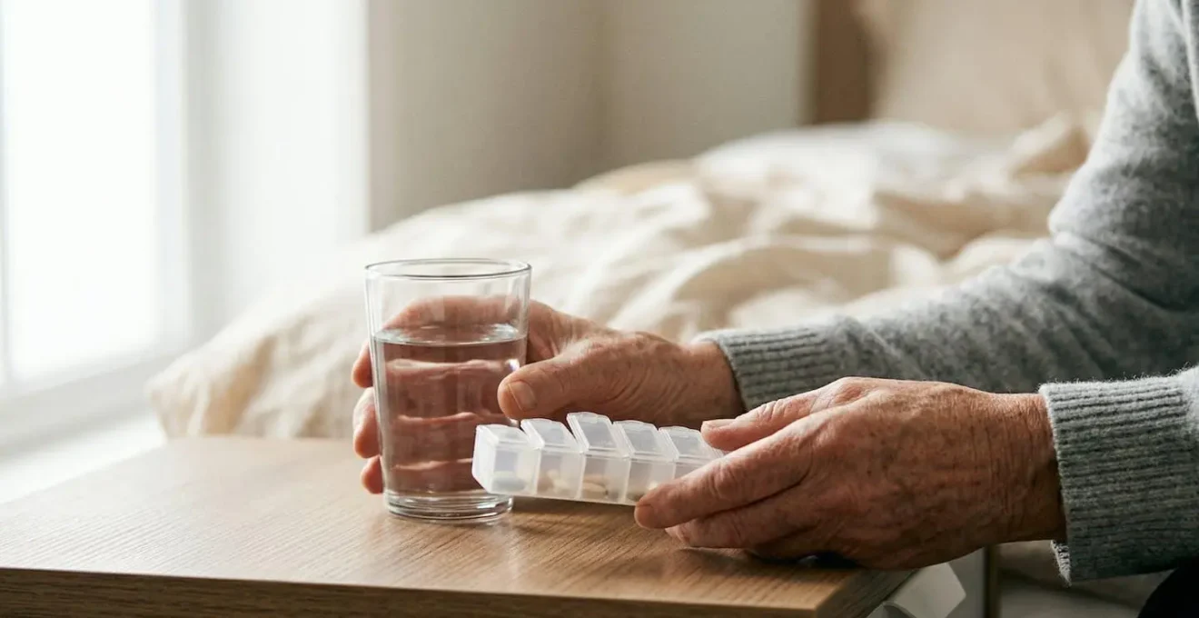 A person's hands gently holding a glass of water and a pill organizer at golden hour, symbolizing the careful process of medication tapering