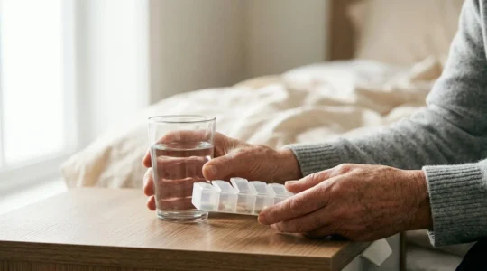 A person's hands gently holding a glass of water and a pill organizer at golden hour, symbolizing the careful process of medication tapering