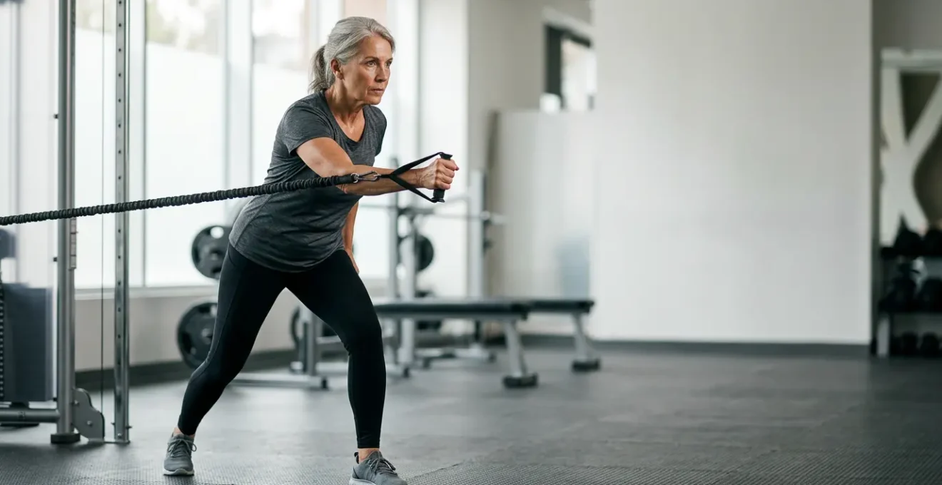 Active senior performing resistance training with proper form and mindful movement
