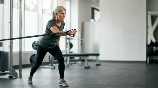 Active senior performing resistance training with proper form and mindful movement