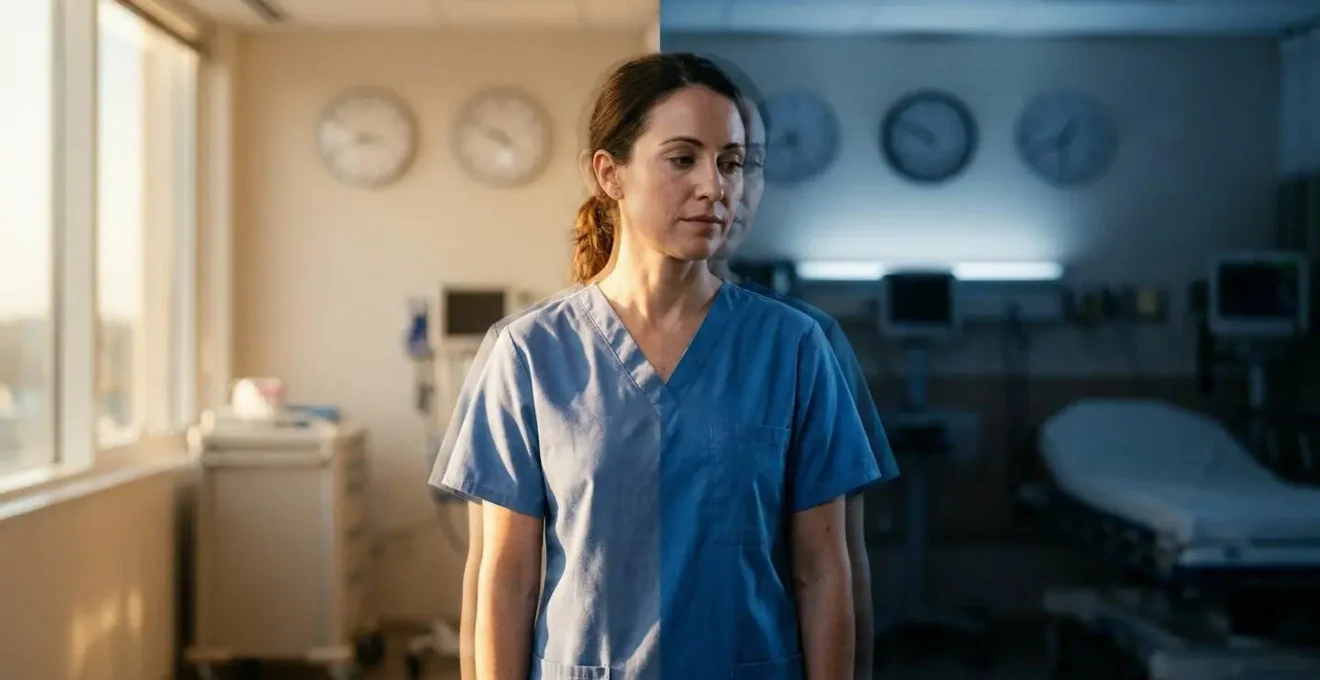 Professional healthcare worker facing biological clock concept showing shift work health impact