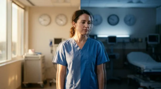 Professional healthcare worker facing biological clock concept showing shift work health impact