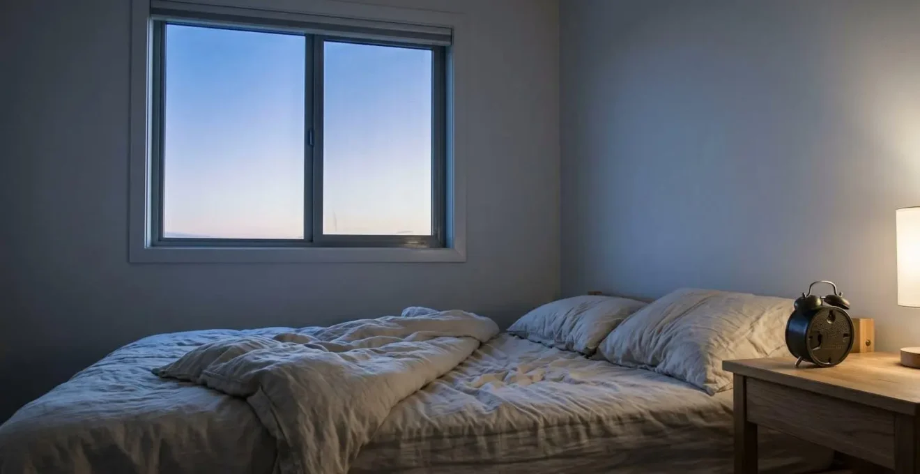 Bedroom environment in early morning hours showing disrupted sleep pattern through ambient lighting and unmade bed
