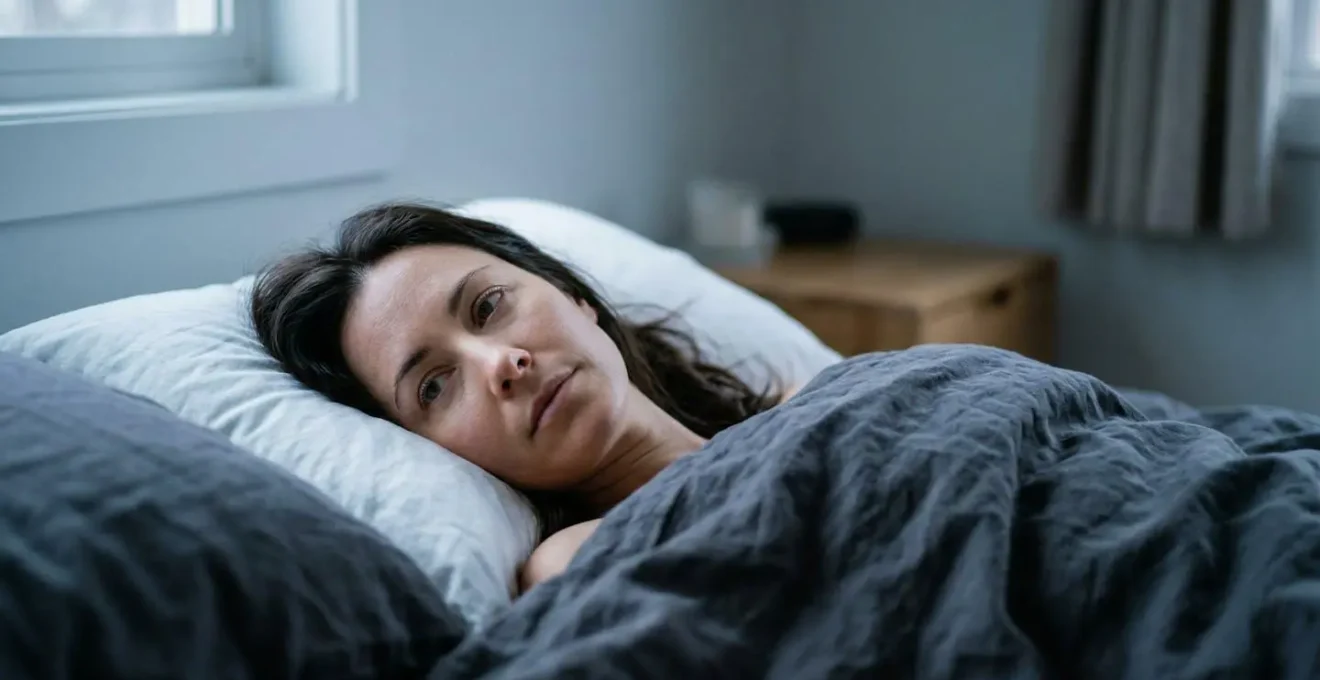 Person lying awake in dimly lit bedroom during early morning hours experiencing sleep maintenance insomnia