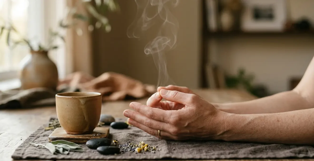 Serene wellness consultation scene showing TCM diagnostic elements in natural lighting