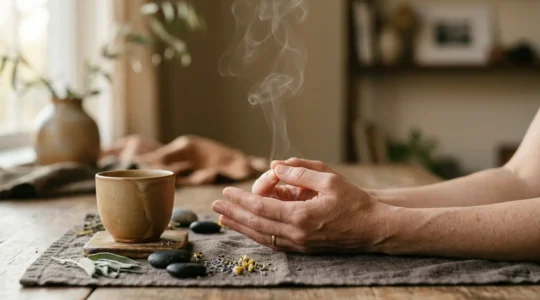 Serene wellness consultation scene showing TCM diagnostic elements in natural lighting