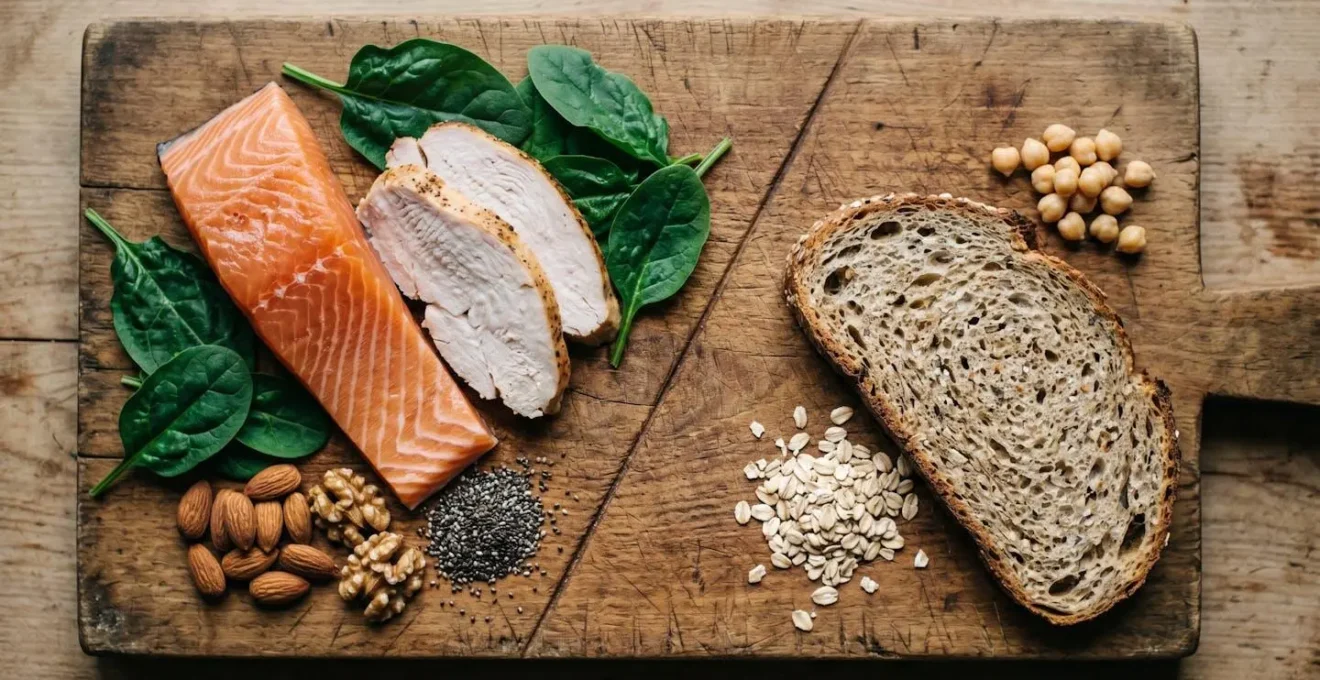 Arrangement of tryptophan-rich whole foods including salmon, turkey, nuts, and seeds on natural surface