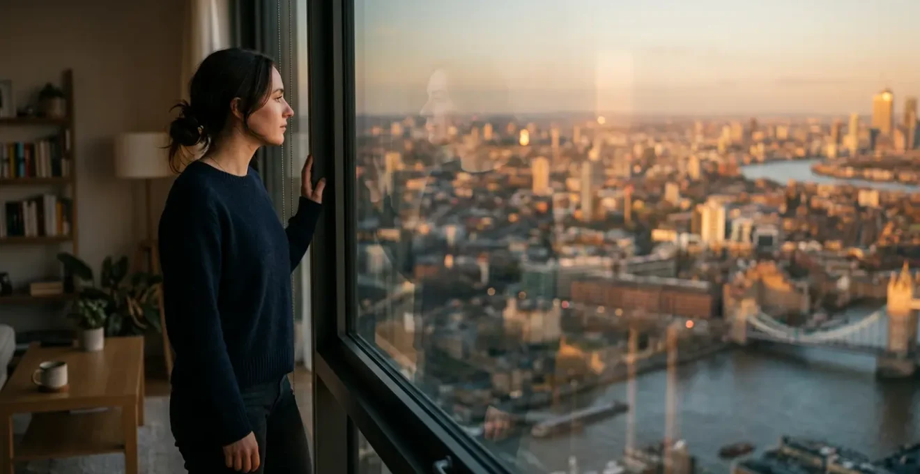 Person standing alone by large window overlooking city skyline, photographed from behind, natural contemplative mood