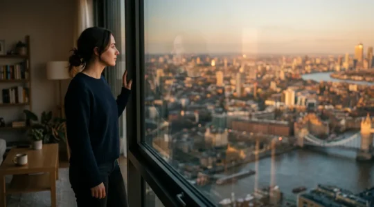 Person standing alone by large window overlooking city skyline, photographed from behind, natural contemplative mood