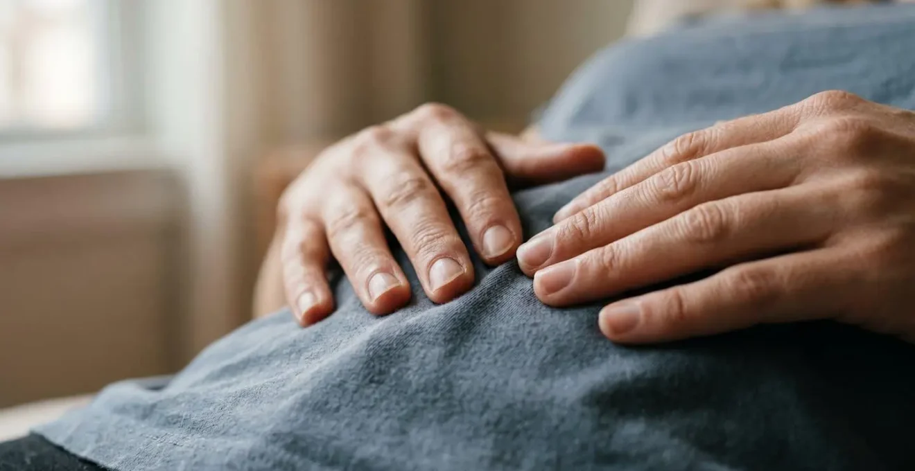 Extreme close-up of human hands gently placed on abdomen during diaphragmatic breathing, showing tactile connection to breath and body awareness