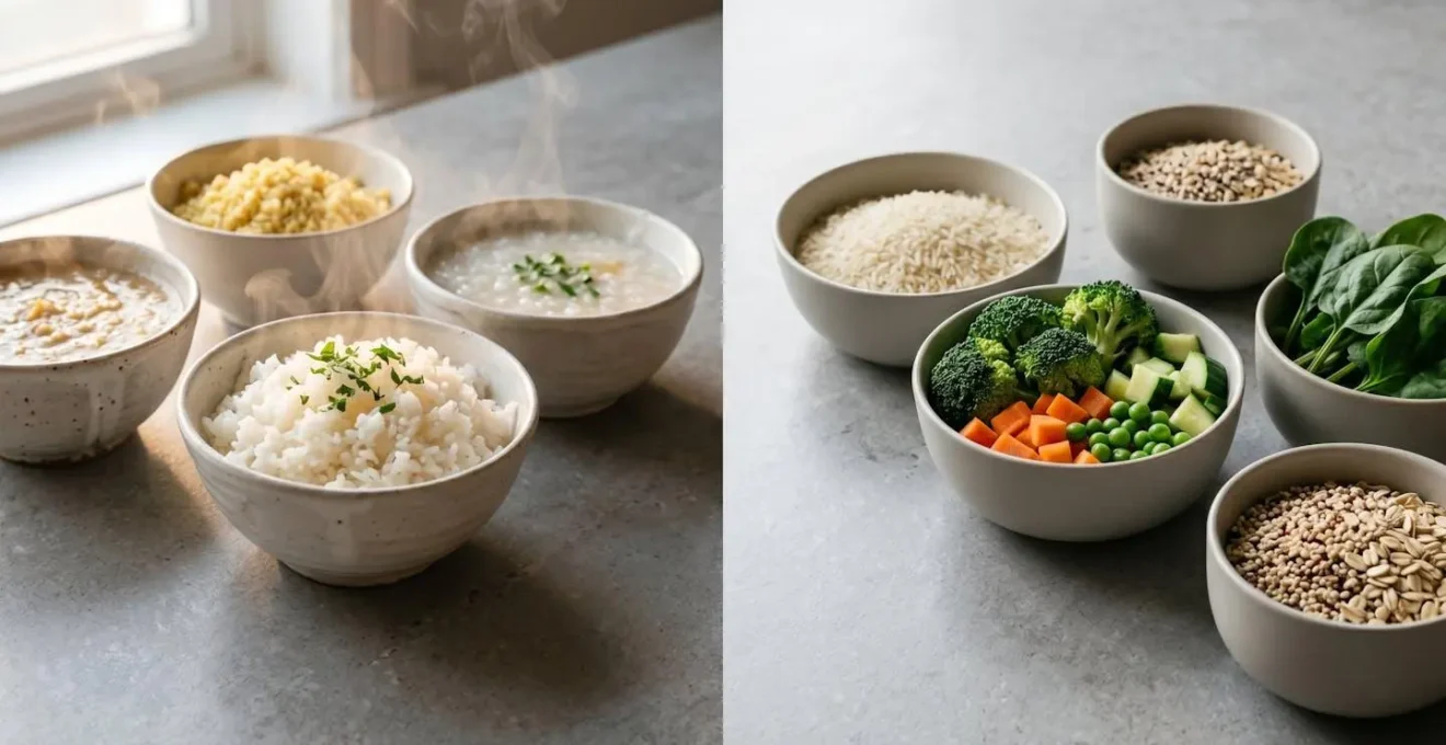 Environmental composition contrasting warm cooked grains with cold raw ingredients for digestive health