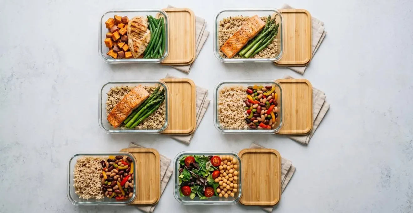 Seven meal prep containers arranged symmetrically showing balanced weekly nutrition
