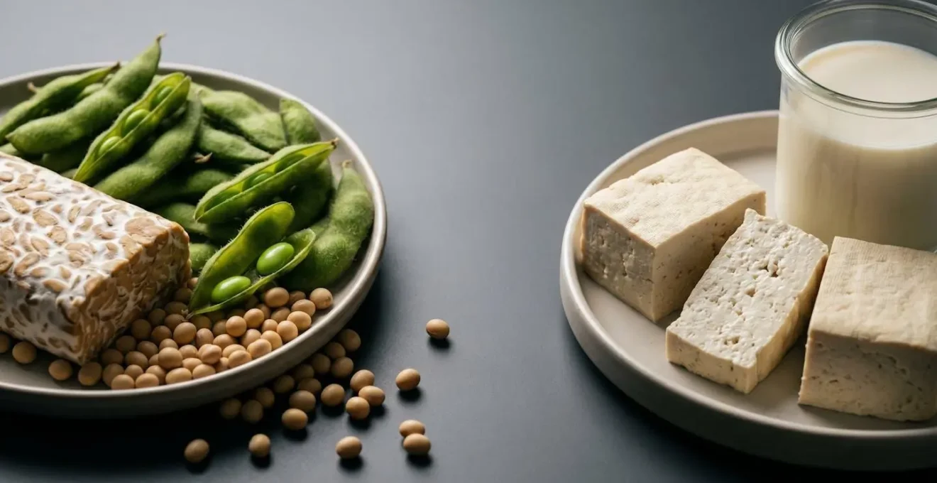 Symbolic comparison showing whole soy foods and minimally processed soy products in natural light