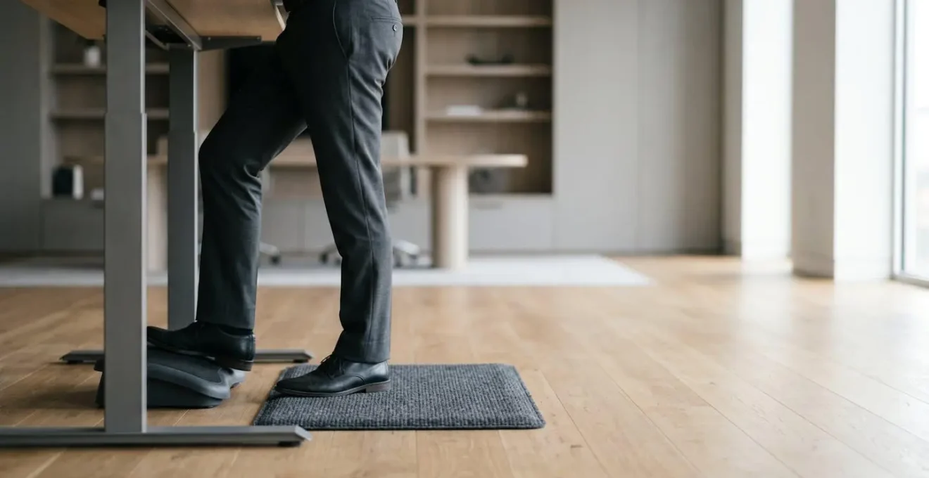 Visual comparison demonstrating the metabolic differences between static standing and dynamic movement at a workstation