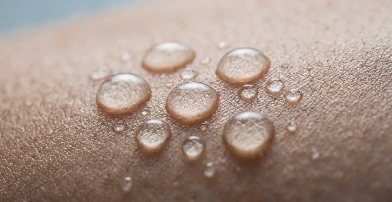 Macro photograph of fresh water droplets on skin demonstrating physiological cold exposure response