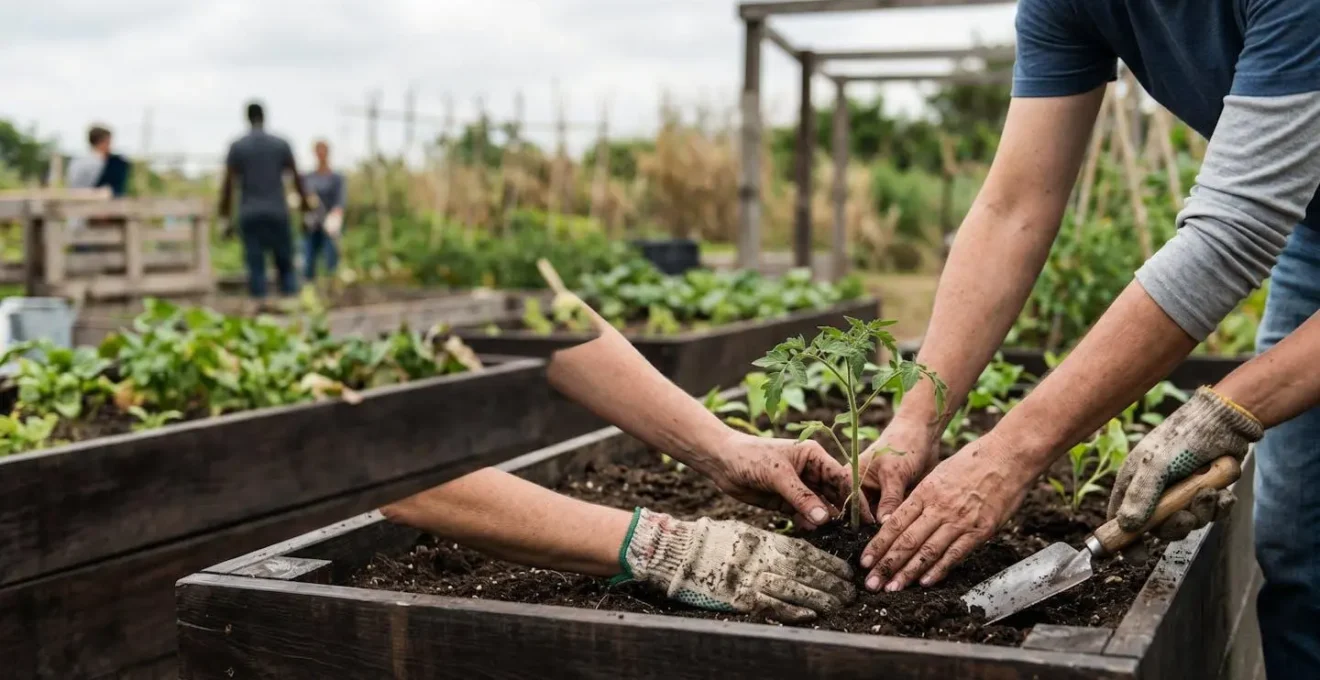 Multiple hands from diverse individuals working together to plant a small seedling in a community garden, symbolizing collaborative connection and growth.
