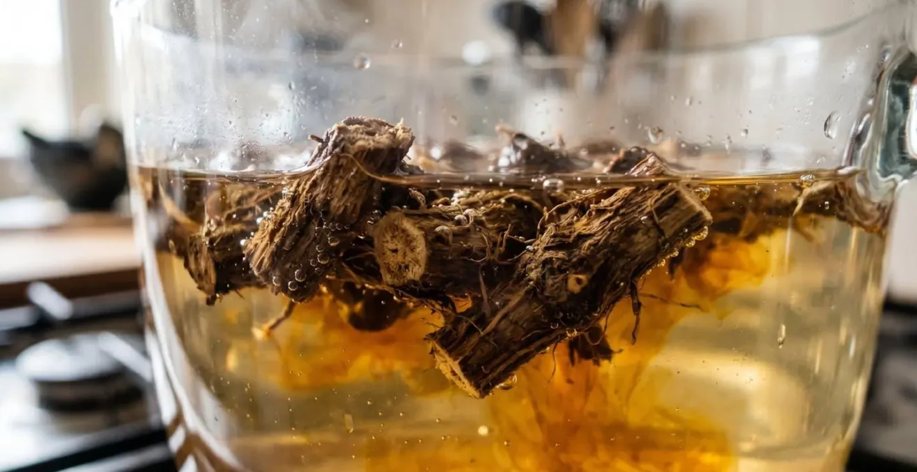Close-up view of dandelion root pieces simmering in clear water showing therapeutic compound extraction