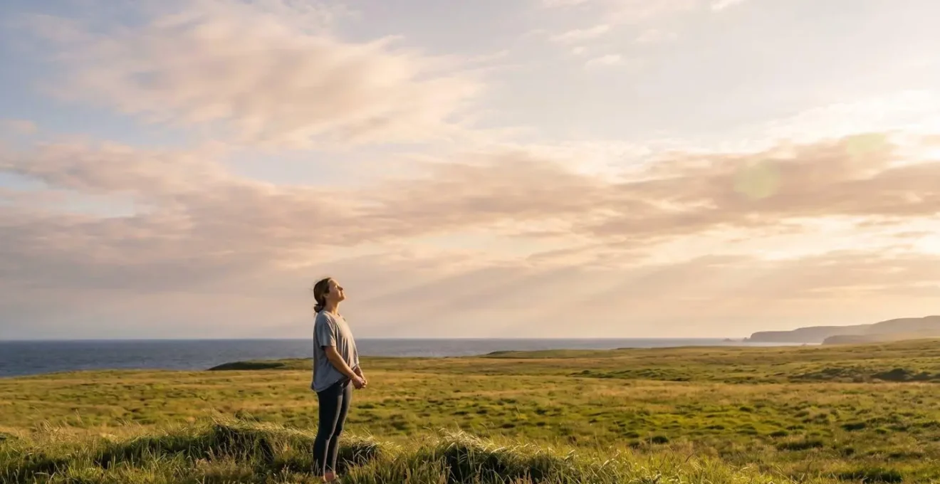 Person outdoors during early morning golden hour light exposure for circadian rhythm regulation