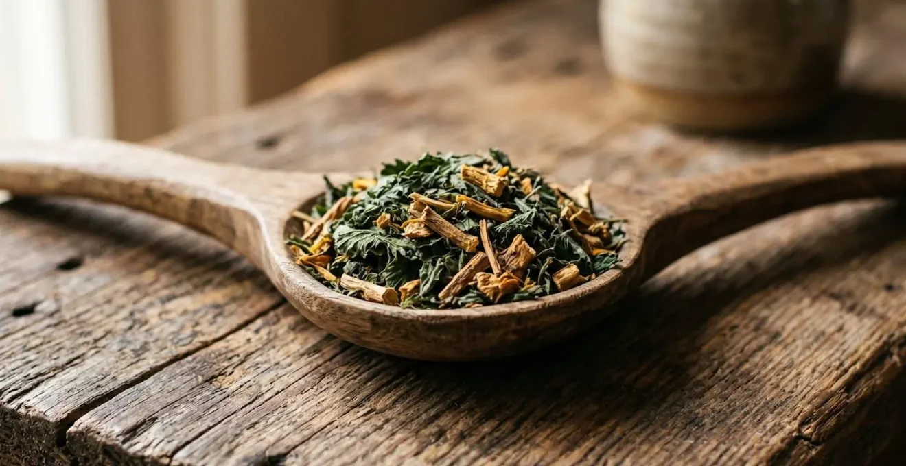 Organic loose-leaf herbal tea displayed on a wooden surface emphasizing natural purity and quality