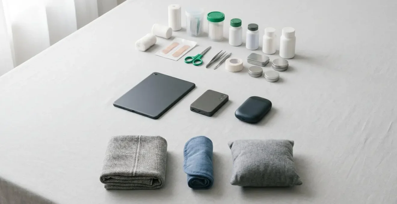 Organized travel medical kit with physical comfort items and digital devices for managing chronic illness flare-ups