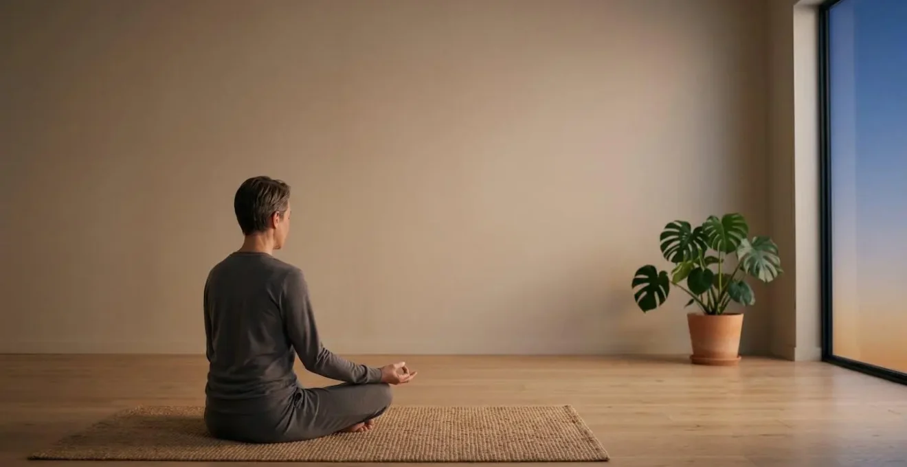 Person practicing evening vagal nerve stimulation meditation in minimalist space with expansive calm
