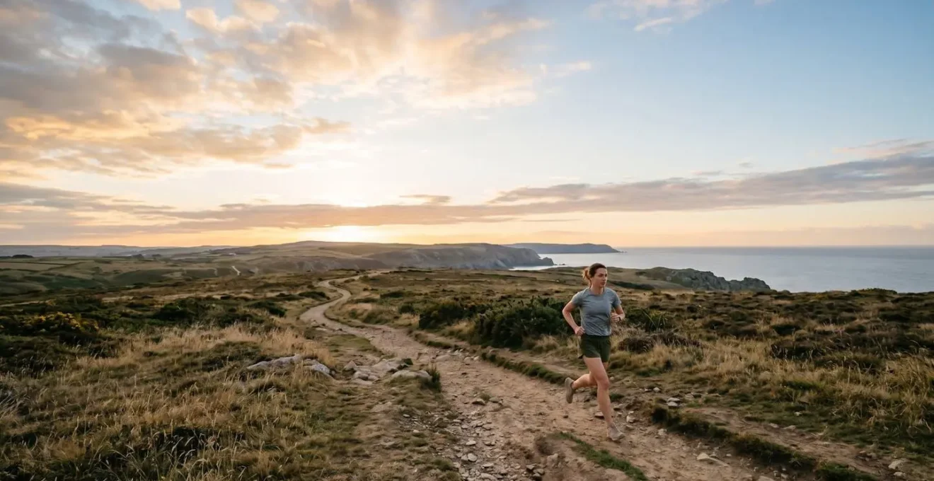 Wide environmental shot of athletic person training outdoors in natural morning light