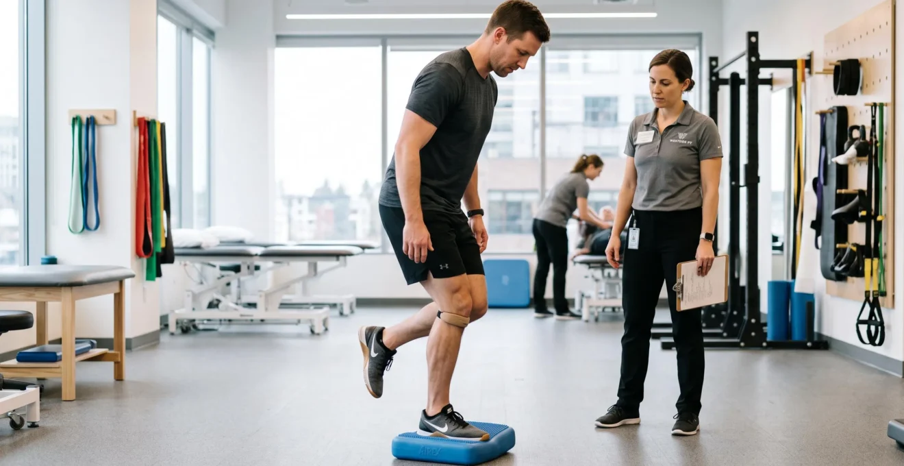 Patient performing single-leg balance exercise during ACL rehabilitation session in a modern physical therapy clinic with therapist observing
