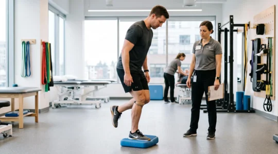 Patient performing single-leg balance exercise during ACL rehabilitation session in a modern physical therapy clinic with therapist observing