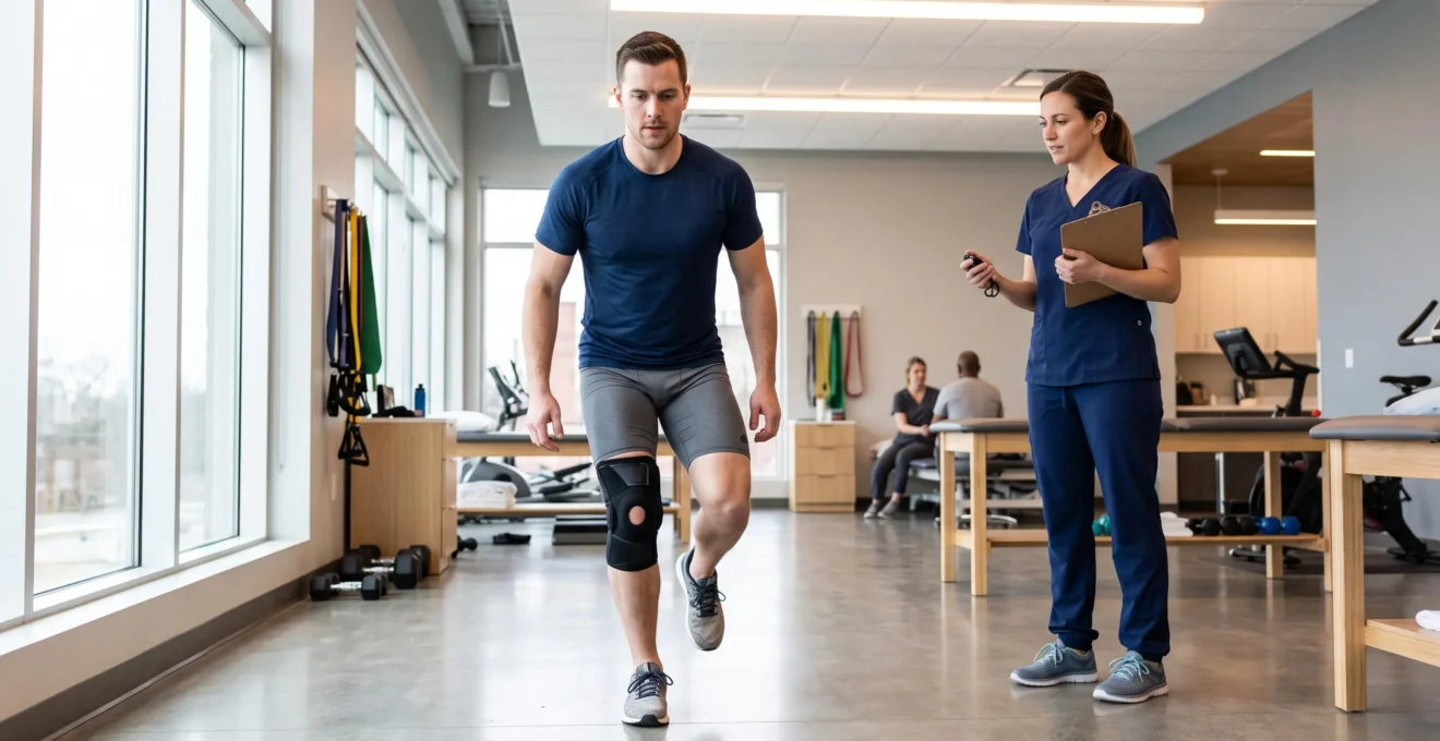 Patient performing single-leg hop test during advanced ACL rehabilitation phase in physical therapy clinic with therapist observing