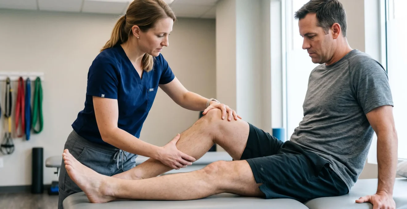 Physical therapist assessing knee range of motion on patient seated on treatment table in rehabilitation clinic