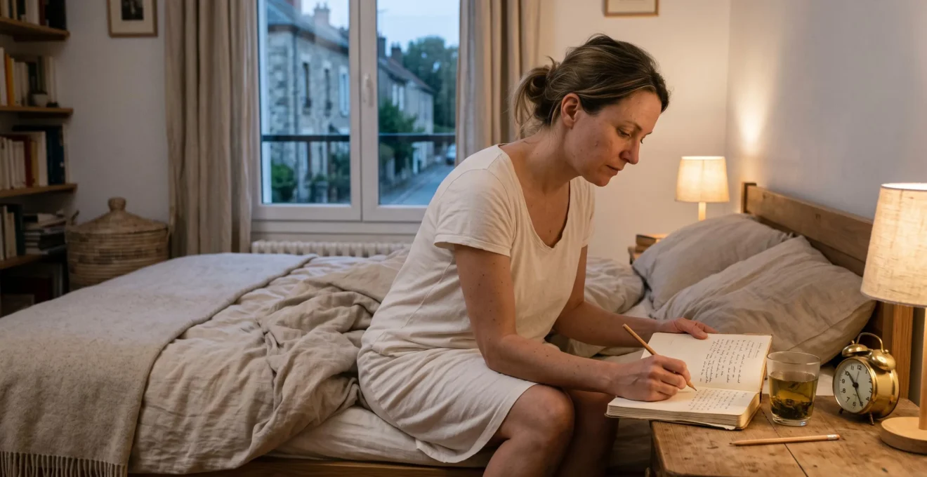 A woman sitting on the edge of her bed in the evening, writing notes in a sleep journal beside a glass of herbal infusion.